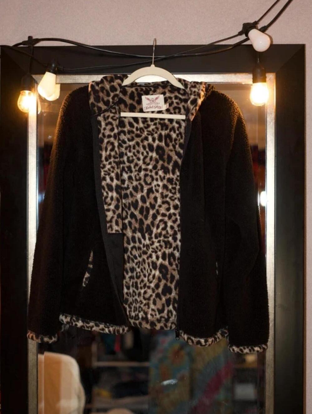 Faded Glory Black Sherpa Fleece Zip Hoodie Leopard Print Lining Size Medium